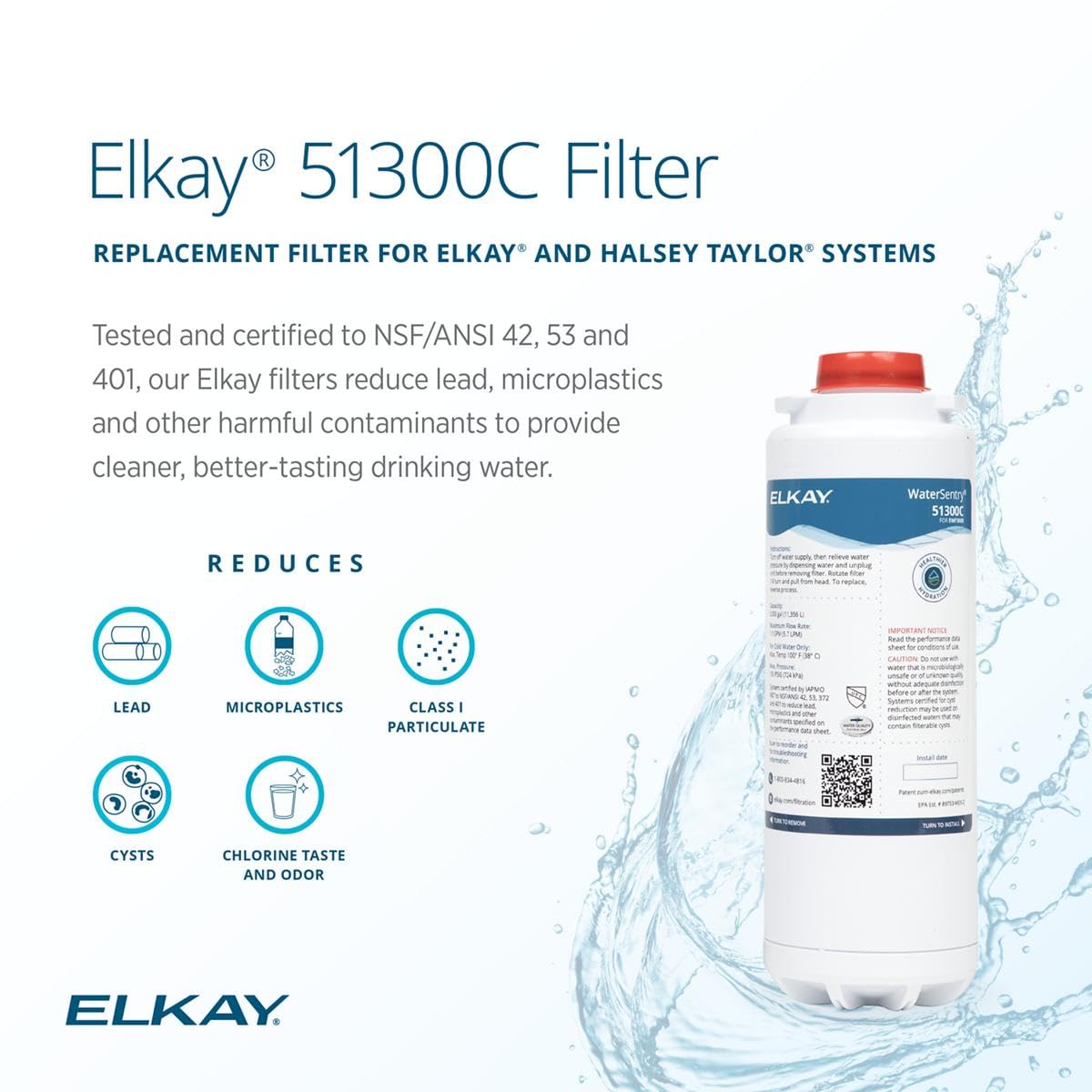 Elkay Genuine WaterSentry 51300C Lead + Microplastics NSF/ANSI Certified Filter (Single)(Bottle Fillers)