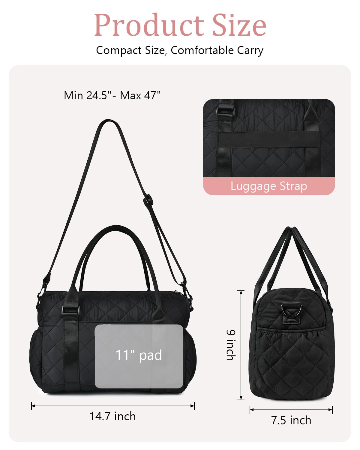 KUIRAN Gym Bag for Women with Yoga Mat Holder, Small Mini Gym Tote Bag Puffy Quilted Lightweight Sports Duffel Bag with Wet Compartment for Dance Yoga Workout Travel - Black
