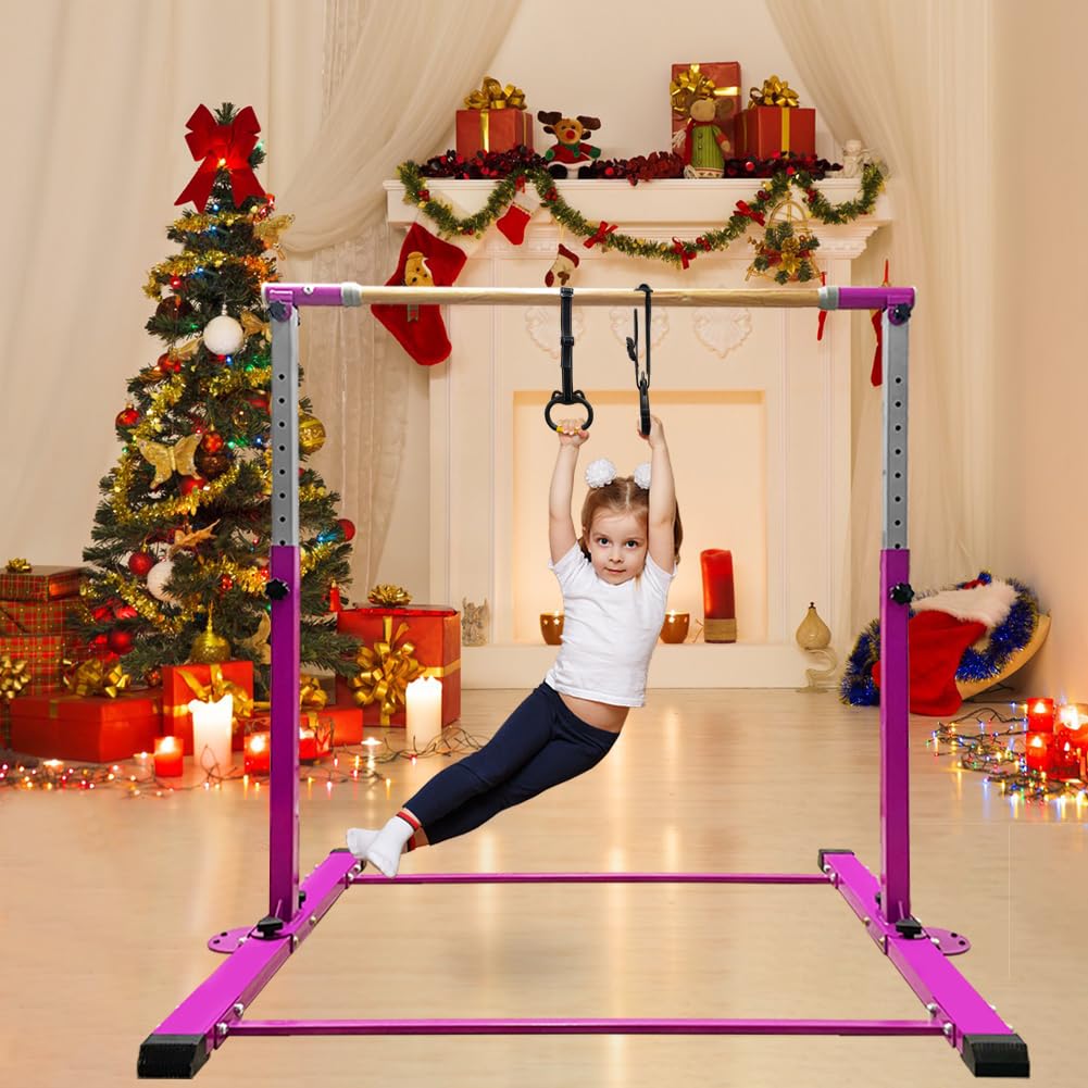 JC-ATHLETICS Gymnastics Bar for Kids Girls Ages 3-15 with Ring for Home Indoor Training Equipment- Steady Steel Construction, Anti-Slip, Easy to Assemble, 3' to 5' Adjustable Height