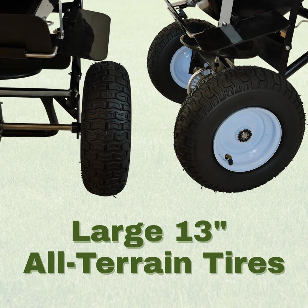 Discount SNOWSTAKES - Lawn Fertilizer & Seed Spreader, 100 LBS Capacity, with Included Grate, Cover & 13 in All Terrain Pneumatic Tires, Ideal for Turf & Lawn Care, Winter Walk Behind Salt Spreader