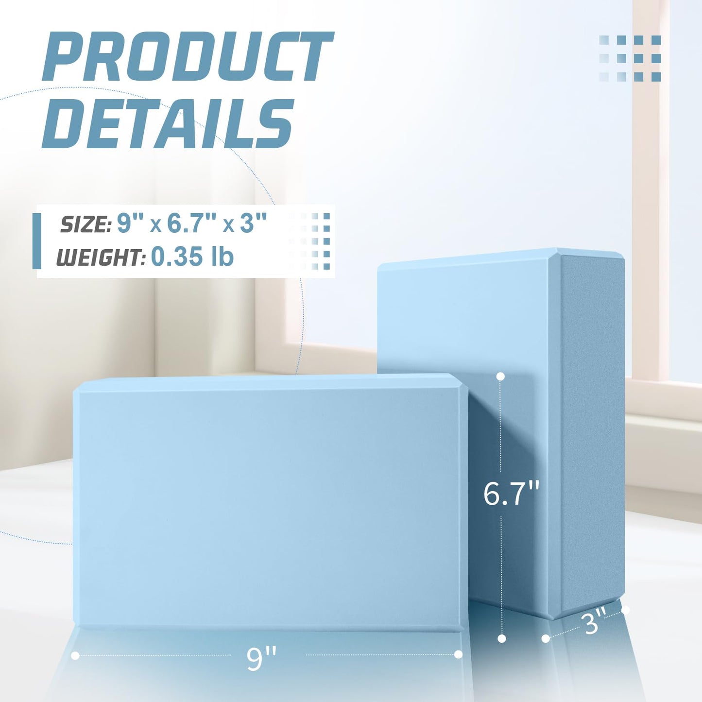 Yoga Blocks 2 Pack 3x6x9IN Foam Block Supportive Latex-Free with Beveled Edges, Non-Slip Exercise Blocks for Pilates, Meditation, Balance, Stretching and Deep Poses(Sky Blue)