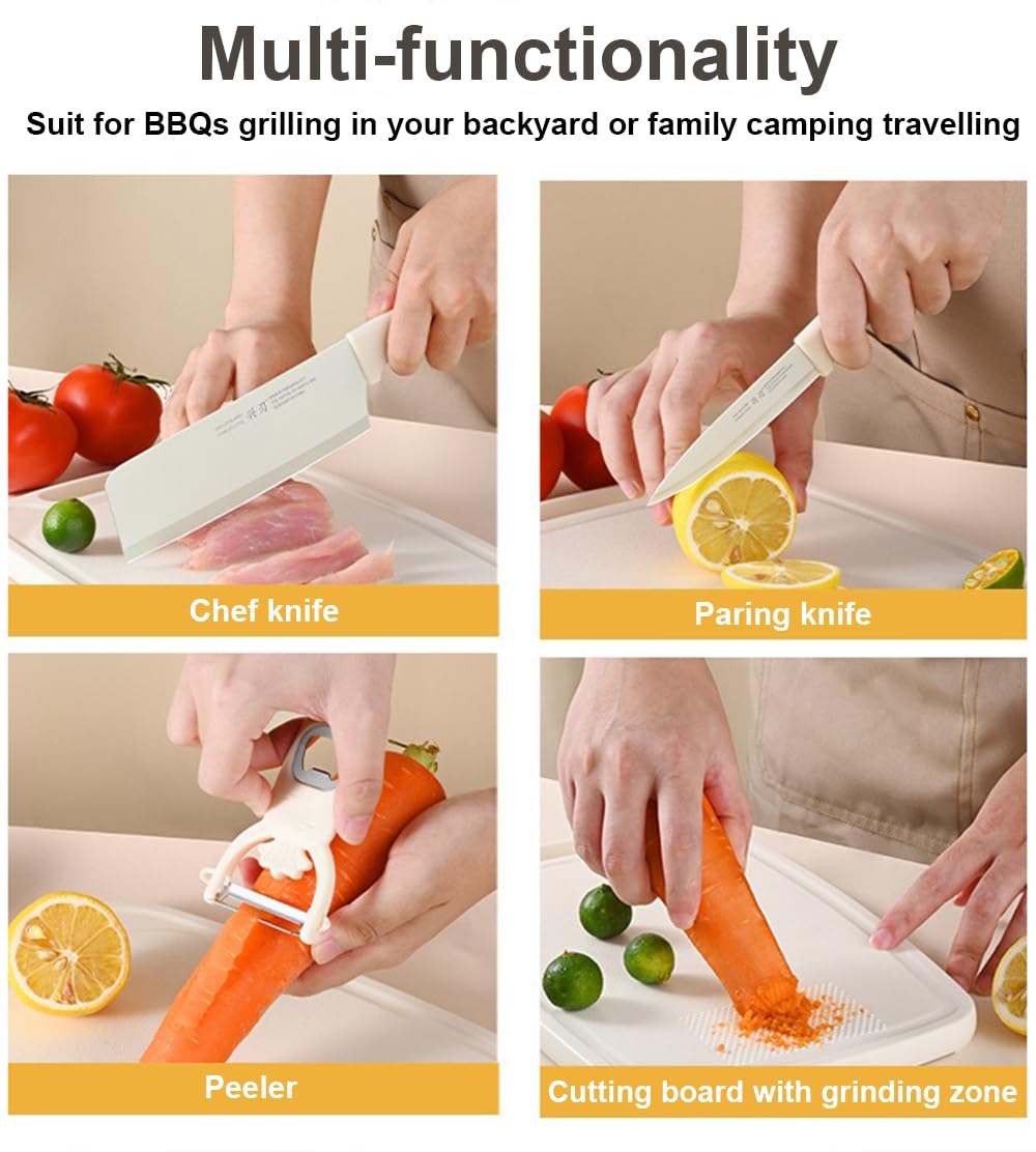 5 in 1 Mini Knife and Cutting Board Set, Small Cutting Board Camping Cutting Board Cutting Board Scissors, Smart Cutting Board and Knife Set, Dorm Kitchen Essentials Travel Knife Set (Wheaten)