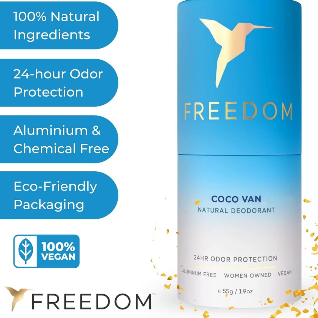 Freedom All Natural & Aluminum-free Deodorant for Women with 24-Hour Odor Protection in Eco-friendly Packaging - Made with Organic Essential Oils - Coco Van 1.9oz