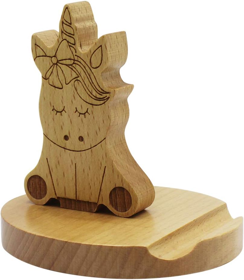 Amamcy Cute Unicorn Cellphone Holder Stand Wooden Smartphone Desk Holder for Mobile Phones Animal Phone Stand Desk