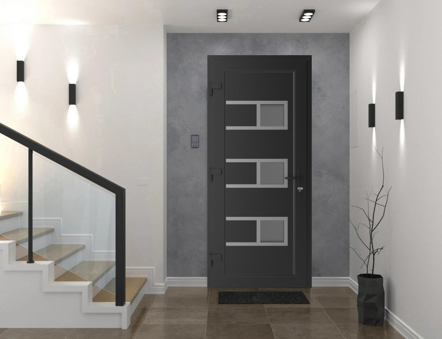 VDOMDOORS Front Exterior Prehung Metal-Plastic Door Frosted Glass | Manux 8933 Matte Black | Residential Doors Entrance Patio Garage W30 x H80 Right-Inswing