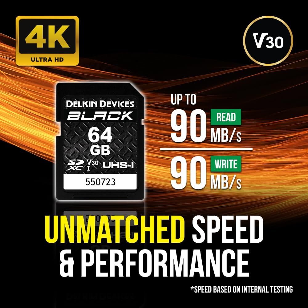 Delkin Devices C10, U3, V30, 4K 90MB/s 90MB/s (64GB) Black Rugged SDXC Memory Card, UHS-I, Full HD & Video, Up to Read