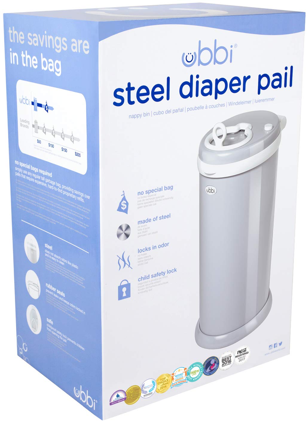 Ubbi Stainless Steel Diaper Pail - Odor Locking Design, No Special Bags Needed | Award-Winning Gray