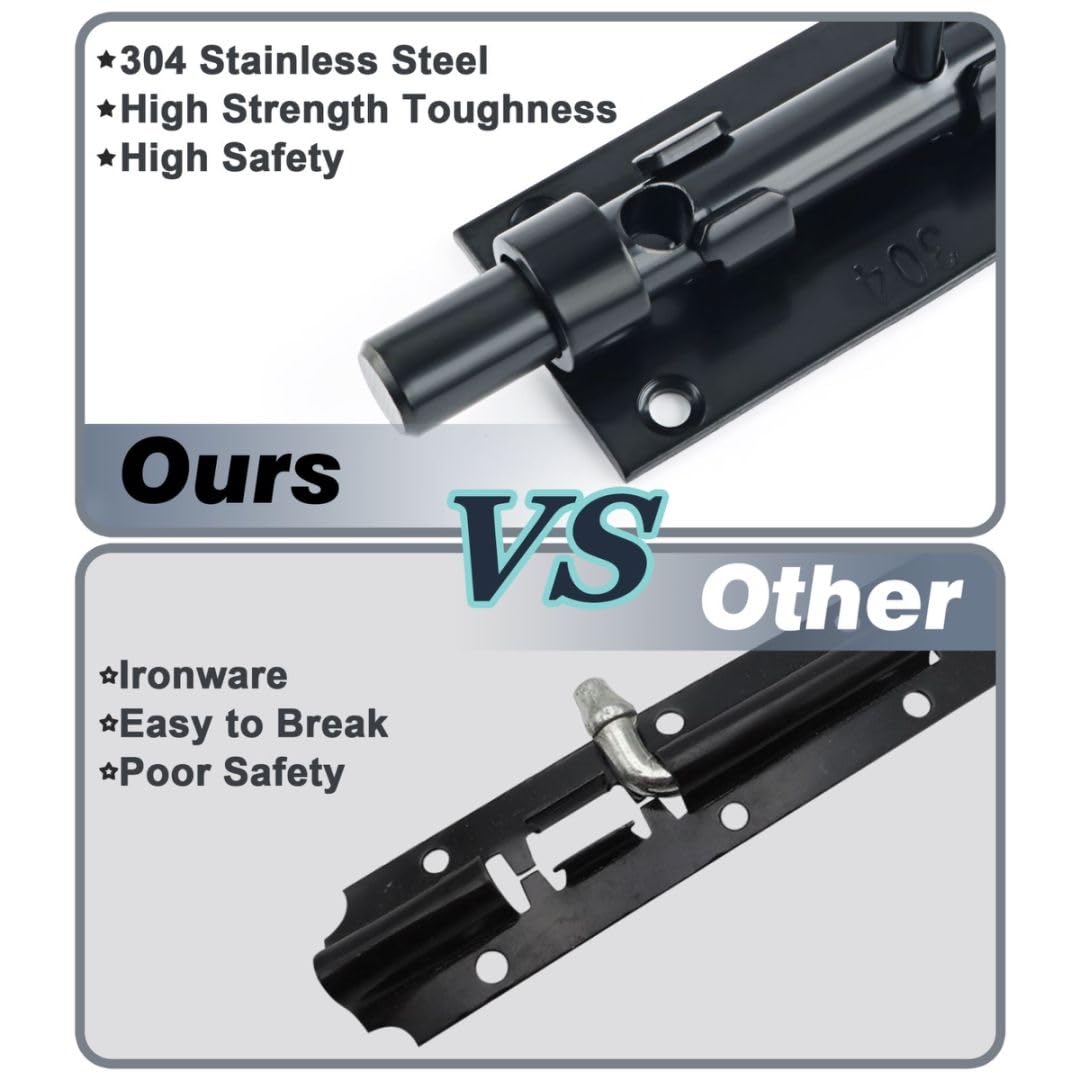 Alise Slide Lock SUS304 Stainless Steel Gate Latch, Slide Bolt Latch,Thickened Heavy Door Latch Lock,6 Inch Black Barrel Bolt Latch, Security Slide Latch Lock