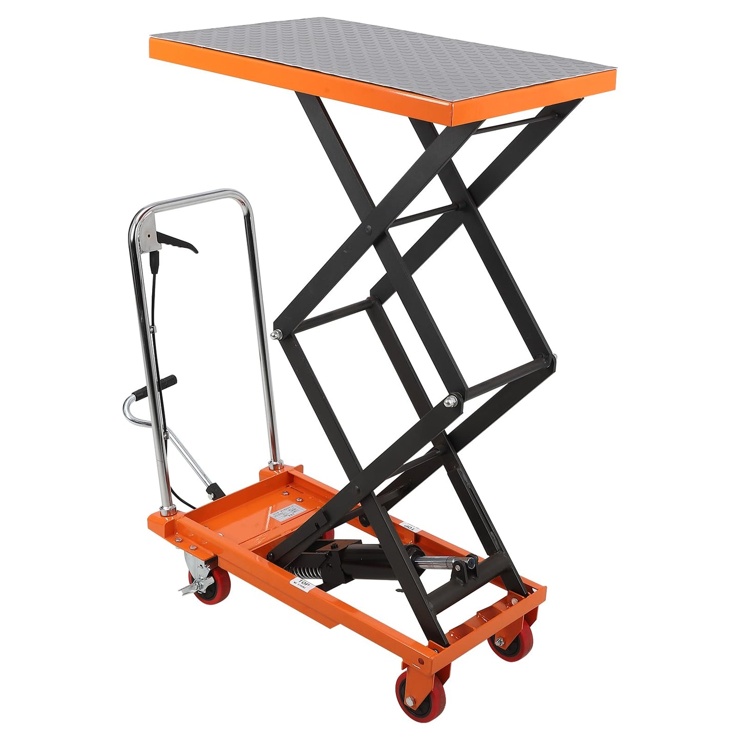 Garvee Manual Hydraulic Scissor Lift Table, 770lbs Capacity Double Scissor Industrial Cart with 4 Wheels, Anti-Slip Platform, 59" Max Height Adjustable Mobile Elevating Cart, Orange