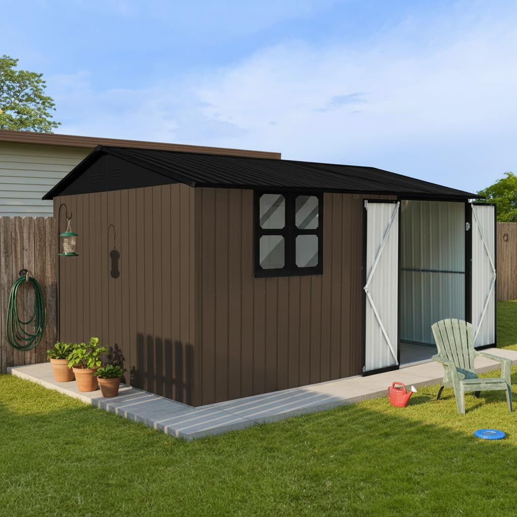 KEIKI 12x10 Ft Metal Outdoor Storage Shed Garden with Window, Foldable Worktable & Shelves, Lockable Door, Waterproof Apex Roof Heavy Duty Tool House for Backyard Garden Lawn, Brown