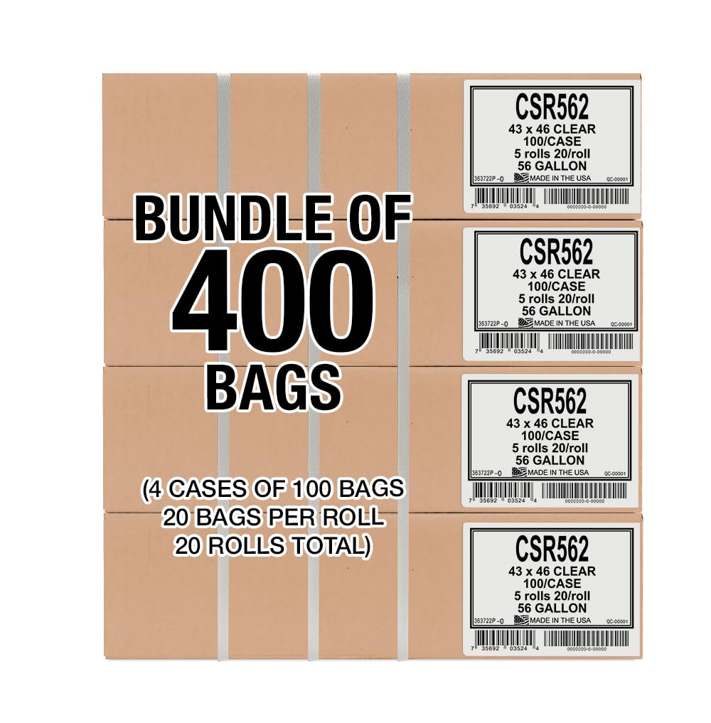Aluf Plastics 56 Gallon 1.5 MIL (eq) Clear Heavy Duty Garbage Bags - 43" x 46" - Pack of 400 - for Industrial, Recycling, Storage, & Outdoor
