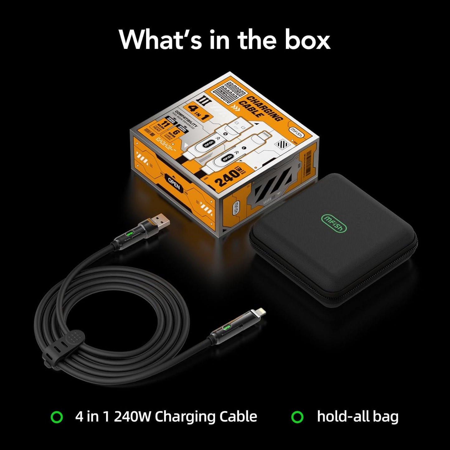 4 1 240W 10FT 17/16/MacBook/iPad/Laptop/Carplay, MFish in Charging Cable, Max Fast Charger Cord with Carrying Case