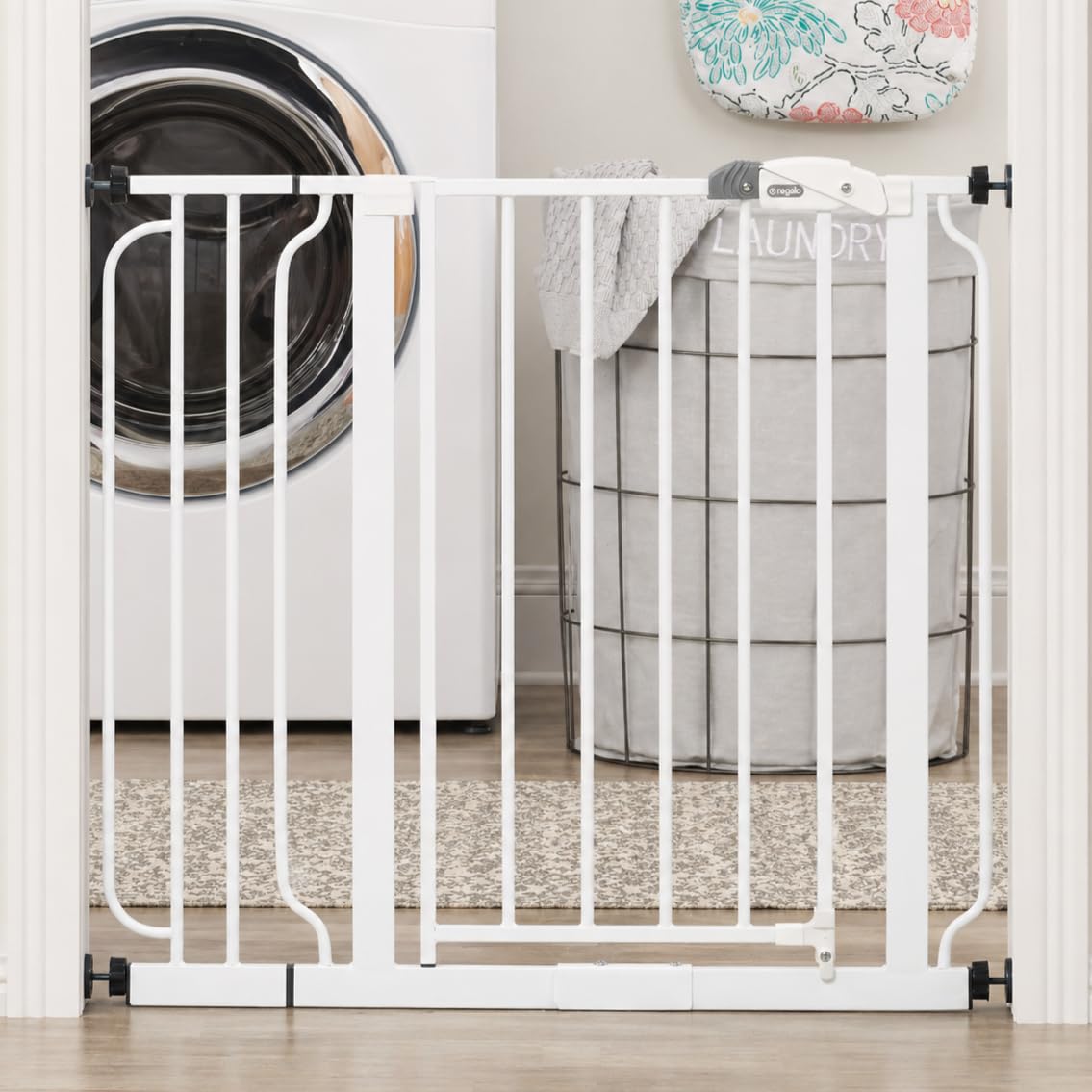 Regalo Safety 29-38.5" Baby Gate for Doorways & Bottom of Stairs, Pressure Mounted Baby Gate with Door for Babies, Toddlers & Pets, Tested & Safe for 30 Years, American Designed, American Owned, White