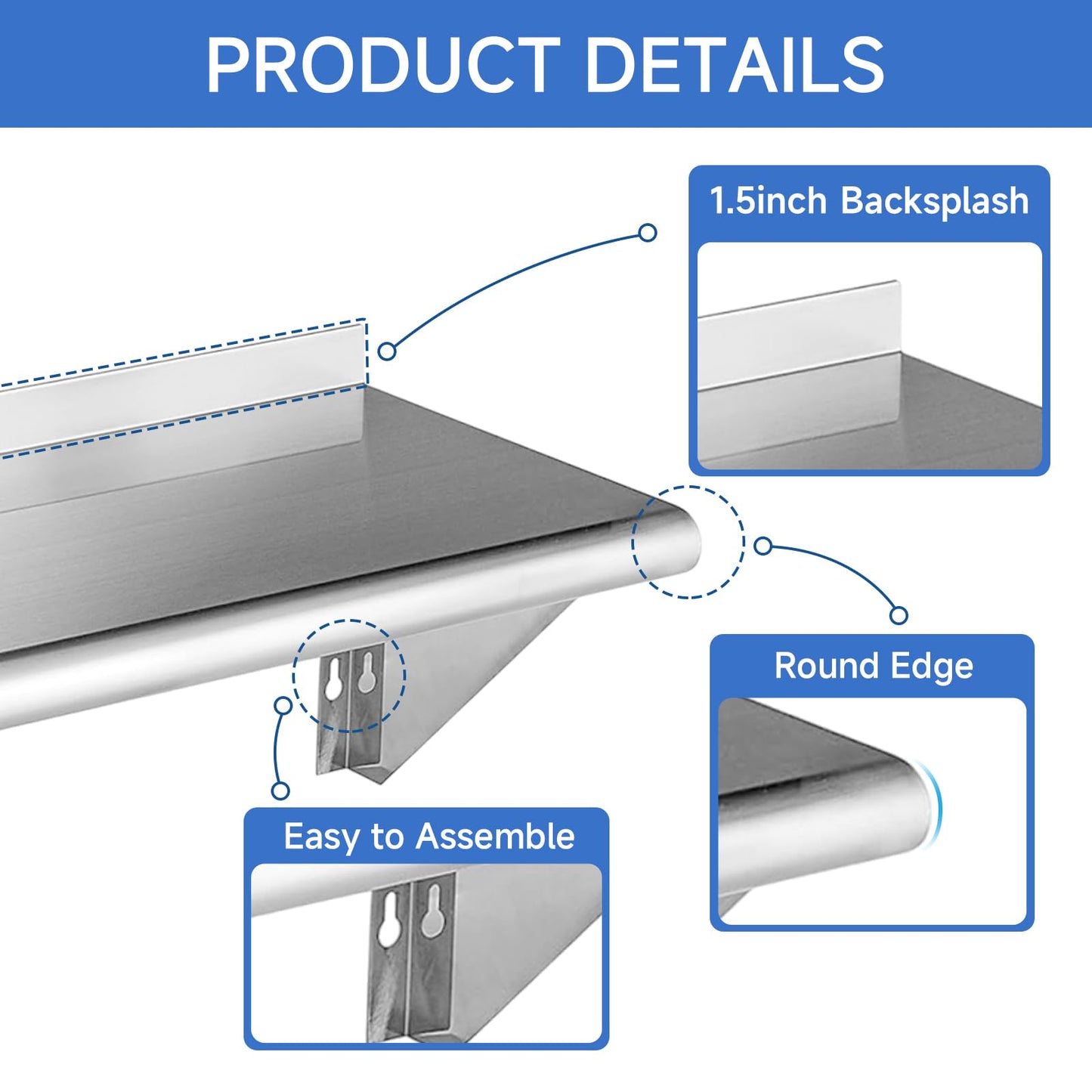 ROCKPOINT Stainless Steel Shelf 12 x 60 Inches 400lb, 2 Pack NSF Commercial Wall Mount Floating Shelving with Backsplash for Restaurant, Kitchen, Home and Hotel, Silver