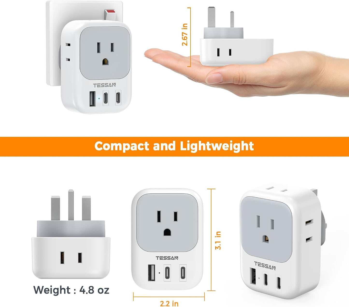 TESSAN 4 3 (2 US to UK Plug Adapter, Type G Travel Adaptor with Electrical Outlets USB Ports USB C), Ireland Power