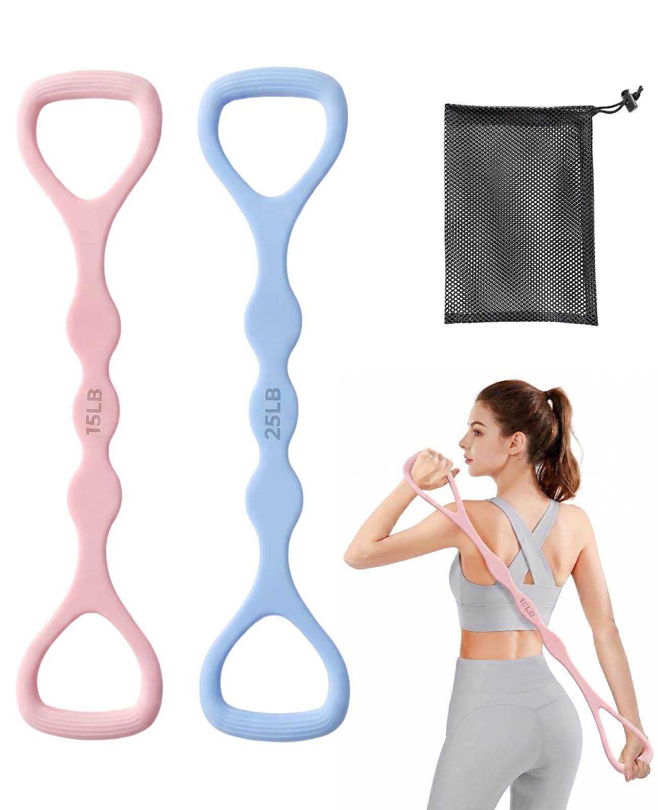 DAWZMR 2 PCS Figure 8 Resistance Bands for Women, 15 Lbs & 25 Lbs Keep Resistance Band with Non-Slip Handles for Arms Back Chest & Shoulder