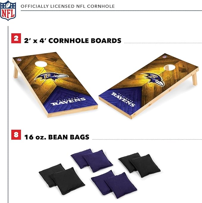 NFL Football 2' x 4' Regulation Size Solid Wood Cornhole Set with Direct Print HD Team Graphics Great Gift for Any Football Fan! Bean Bag Toss Family Outdoor Game
