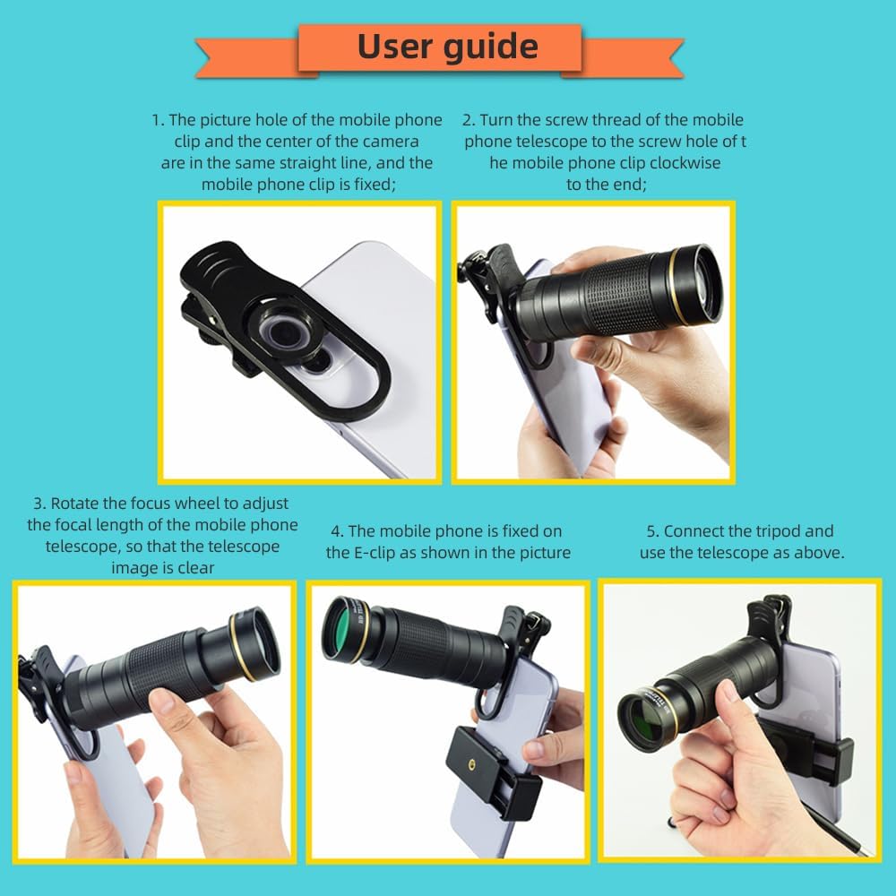 Andoer 36X Telephoto Lens Kit with Mini Tripod, Phone Clip, Holder, Lens Bag, Cleaning Cloth for Hiking, Camping