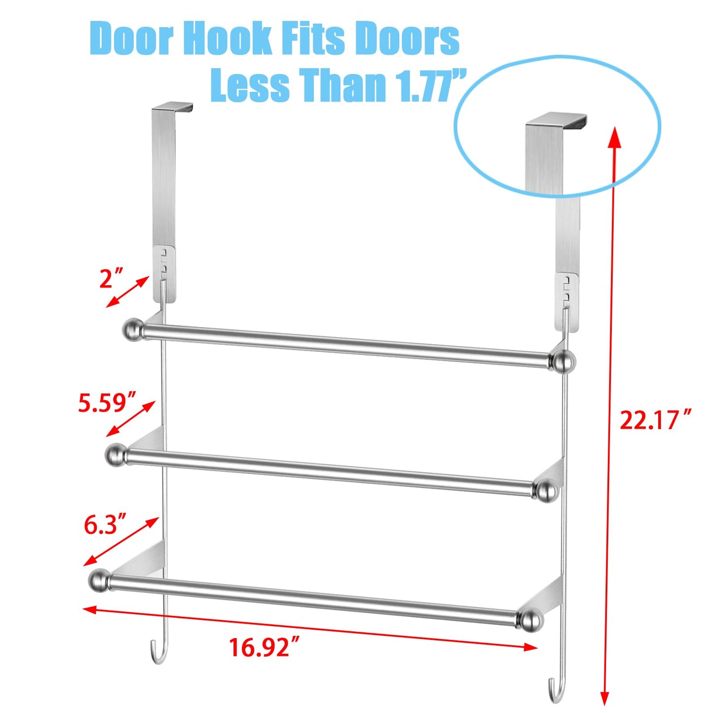 Over The Door Towel Rack,304 Stainless Steel Towel Rack with 2 Hooks, 3 Tier Towel Bar for Hanging Towels, Over Door Towel Storage Holder for Bathroom