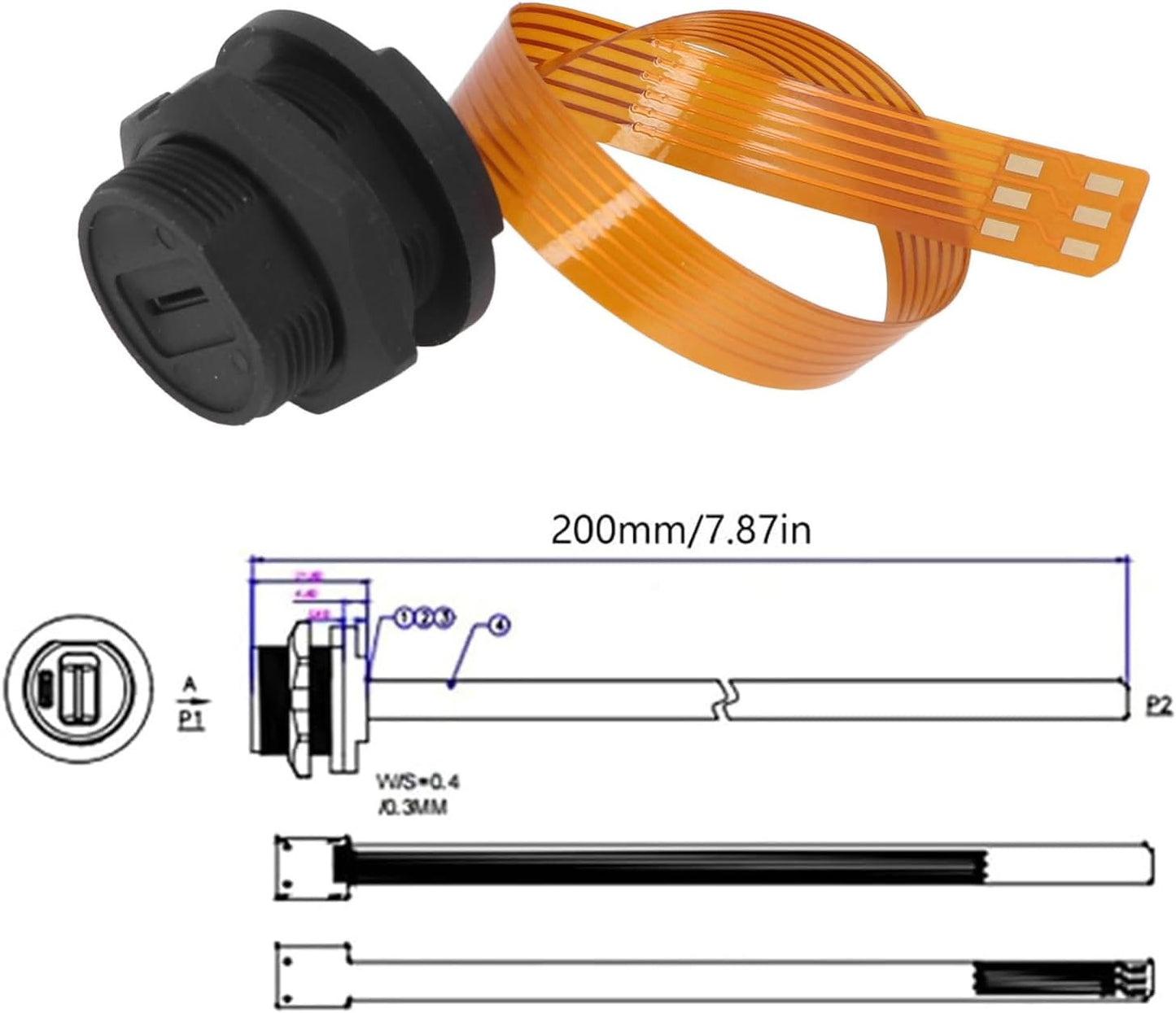 20cm PA66 IP68 SIM Card Extension Cable - Panel Mount SIM Card Slot Female to Male, Flexible Brass Extender, Waterproof