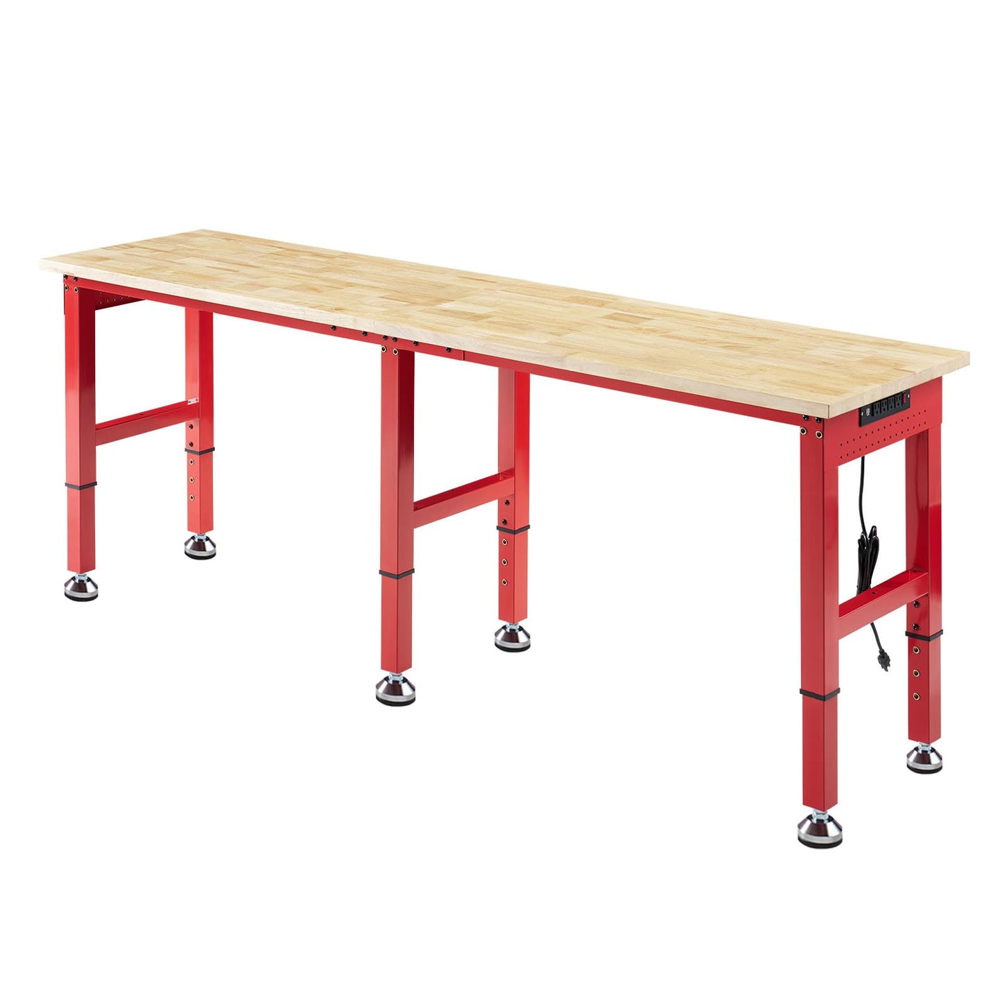 Albott 84x24 in Adjustable Workbench with Power Outlets, 6000 LBs Heavy Duty Work Table with Hooks, Solid Rubber Wood Top, for Garage, Woodworking, Workshop, Home Office, Red