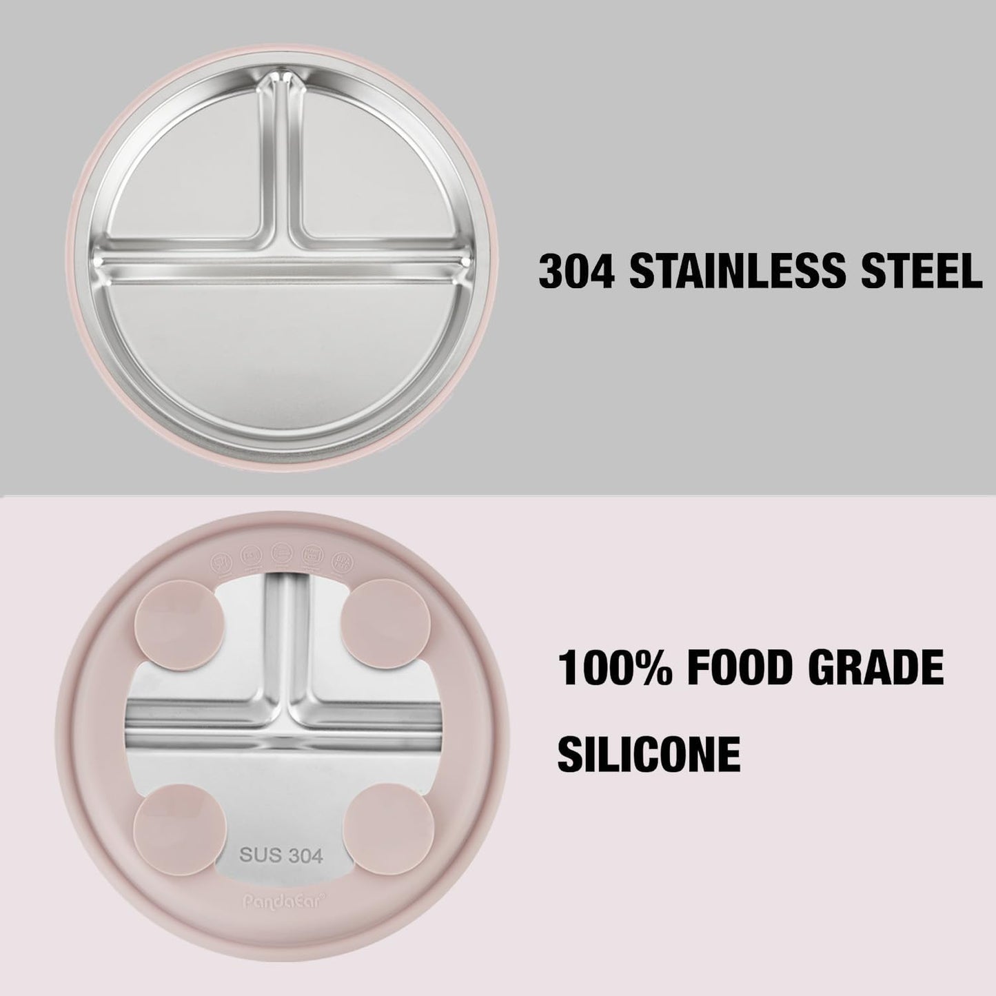 PandaEar 3 Pack Stainless Steel Toddler Plates with Suction, Divided Plates with Removable Silicone Sleeve for Babies & Toddlers（Pink/Green/Linen）