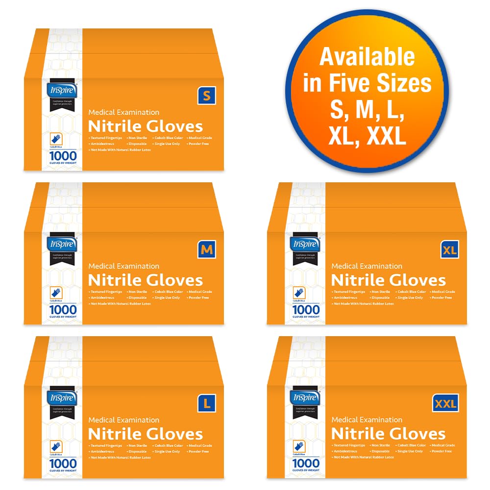 Inspire Nitrile Gloves Medical Examination | The Original Quality Stretch Cobalt Blue | 4.5 Grade Disposable Gloves Latex Free Doctors, EMT, Food Service, Cleaning, Household, Hospitals and More