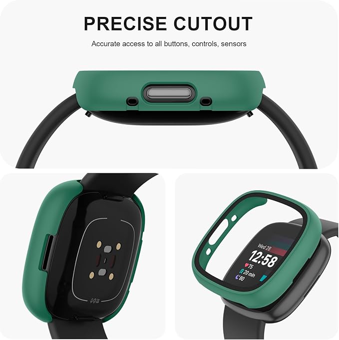 Vancle Case for Fitbit Versa 4 / Fitbit Sense 2, 4-Pack Screen Protector Tempered Glass Full Around Hard PC Case with Sensitive Touch Film Protective for Fitbit Sense 2 / Versa 4(Black + Starlight + Navy Blue + Dark Green)