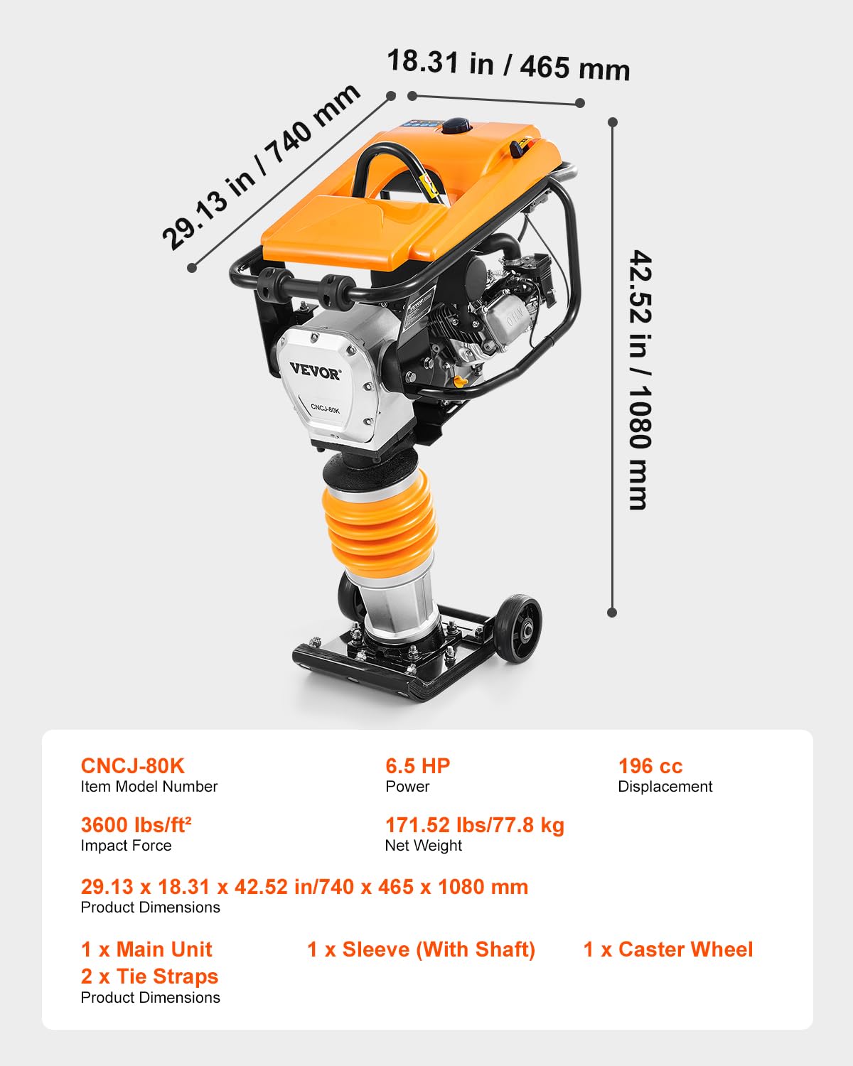 VEVOR Jumping Jack Compactor, 6.5 HP Vibratory Rammer Fuel-Powered 196 cc Engine Tamper, 3600 lbs Impact Force, 26" Max Compaction Depth, Four-Spring, for Soil, Gravel, Concrete Slabs, Foundations