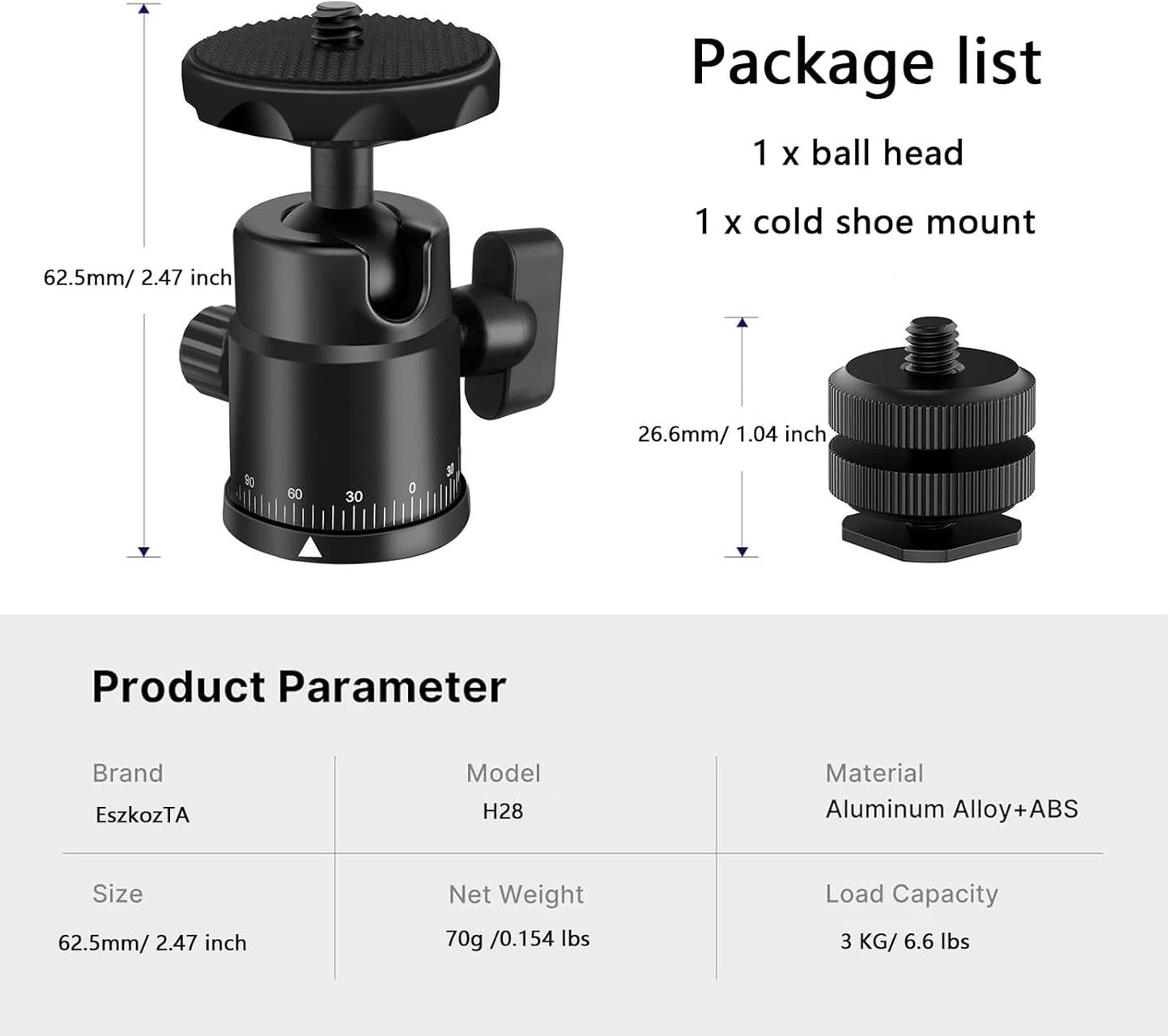 EszkozTA 1/4" 360 Universal Swivel Mini Ball Head Screw Tripod Mount with Hot Shoe Mount, Panoramic Rotating Mount Base