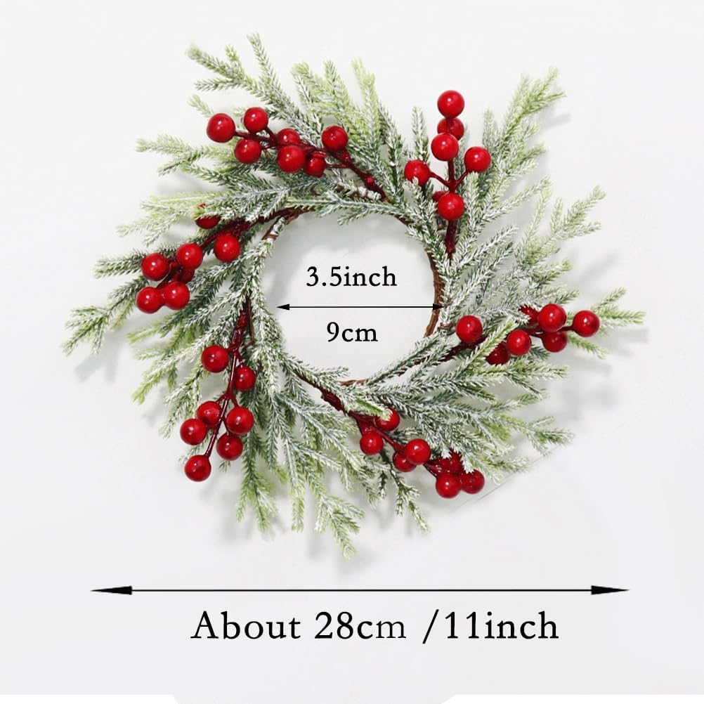 Skiennix 2-Piece Christmas Wreath Candle Rings - Artificial Cedar & Cypress with Red Berries for Holiday Table Decor