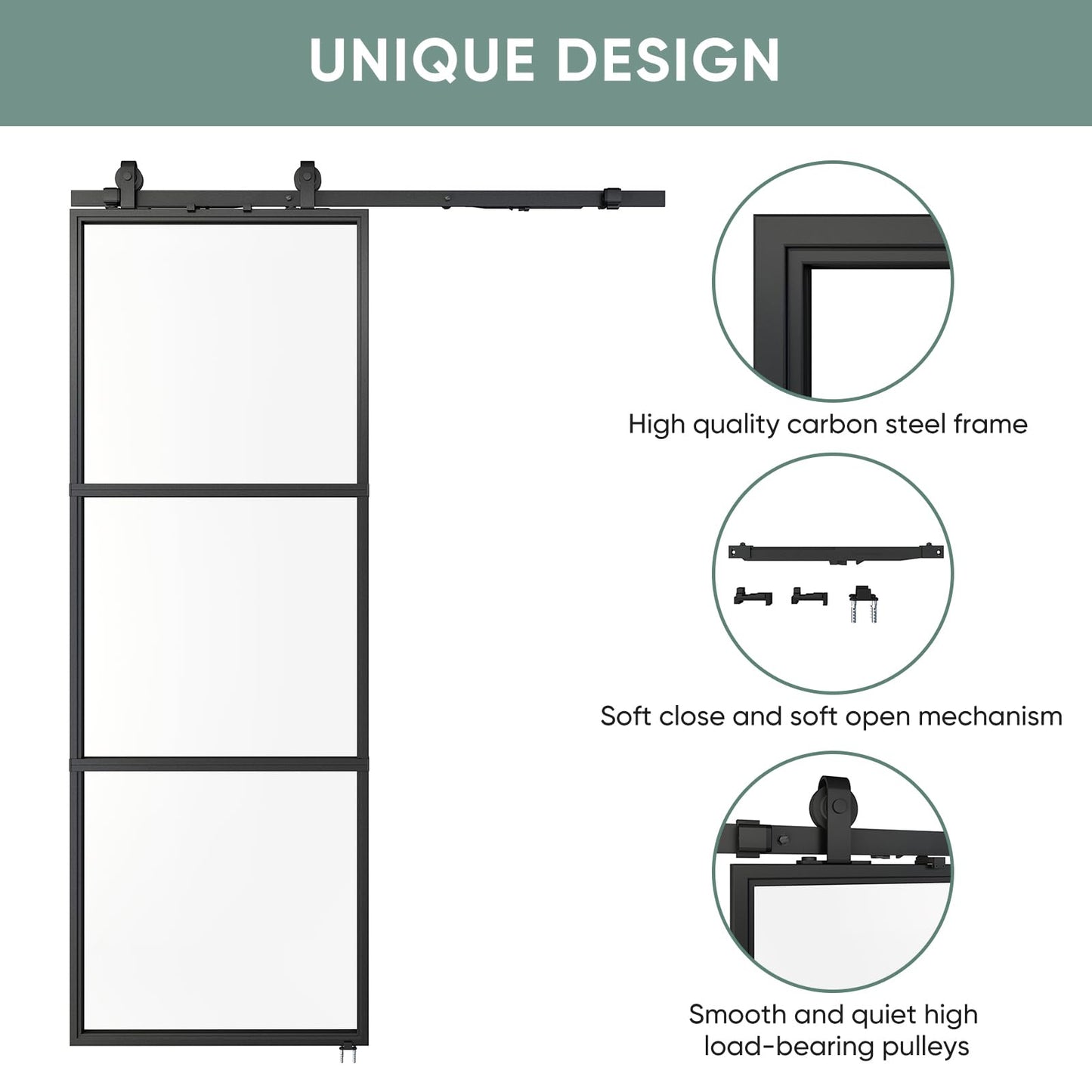 JUBEST 36in x 84in Glass Barn Door, Clear Tempered Glass Carbon Steel Pre Drilled Frame Sliding Barn Door Panel with 6FT Hardware Kit and Soft Close, Easy to Install