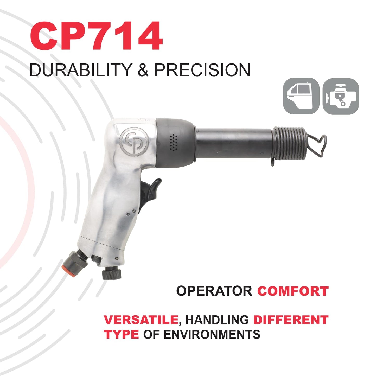 Chicago Pneumatic CP714 - Air Hammer, Welding Equipment Tool, Construction, 0.401 Inch (10.2mm), Round Shank, Pistol Handel, Stroke 3.15 in / 80 mm, Bore Diameter 0.55 in/14 mm - 2000 Blow Per Minute