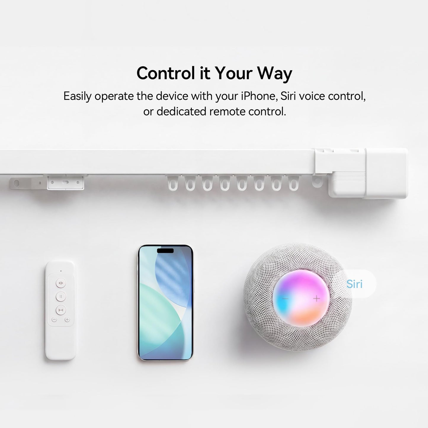 Remac M1 No-Cut Telescopic Motorized Curtain Track, Apple Home Certified Matter Smart Curtain System, Works with HomeKit Alexa Google Siri, Ceiling/Wall Mount for Bedroom Nursery Small Windows 42"-66"