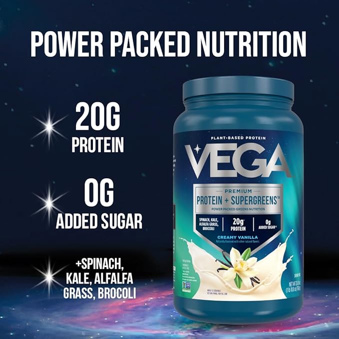 Vega Protein + Supergreens - 20g Plant-Based Protein, Berry, 26 Servings, Real Greens & Veggies, Vegan Keto, 0g Added Sugar, Non-GMO, Gluten Free, Dairy Free, 1.7lbs (Packaging May Vary)