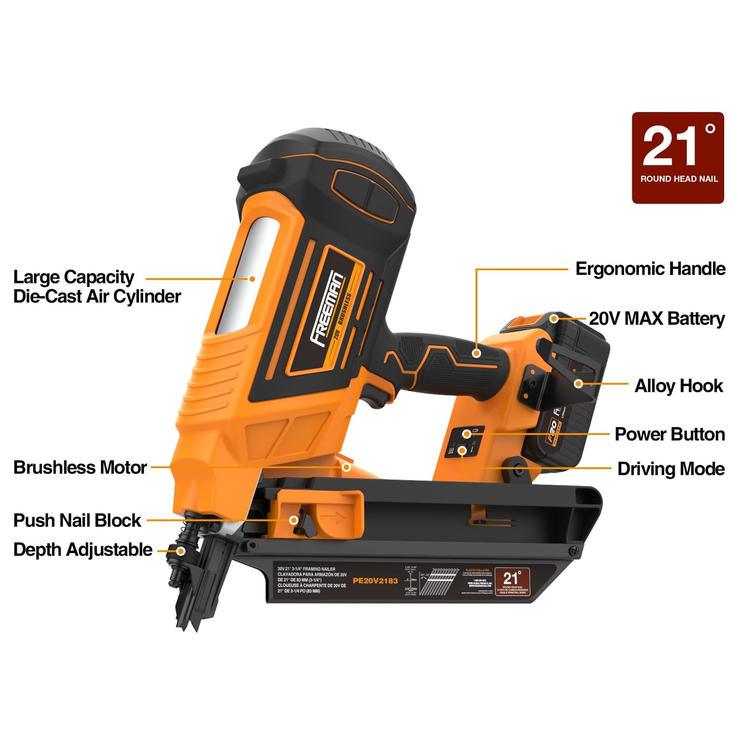 Freeman F20 20V Cordless 21 Degree 3-1/4" Framing Nailer - Brushless Motor, Dual Firing Mode, Tool-free Depth Adjust - Includes 4.0Ah Lithium Ion Battery, Charger & Bag - PE20V2183