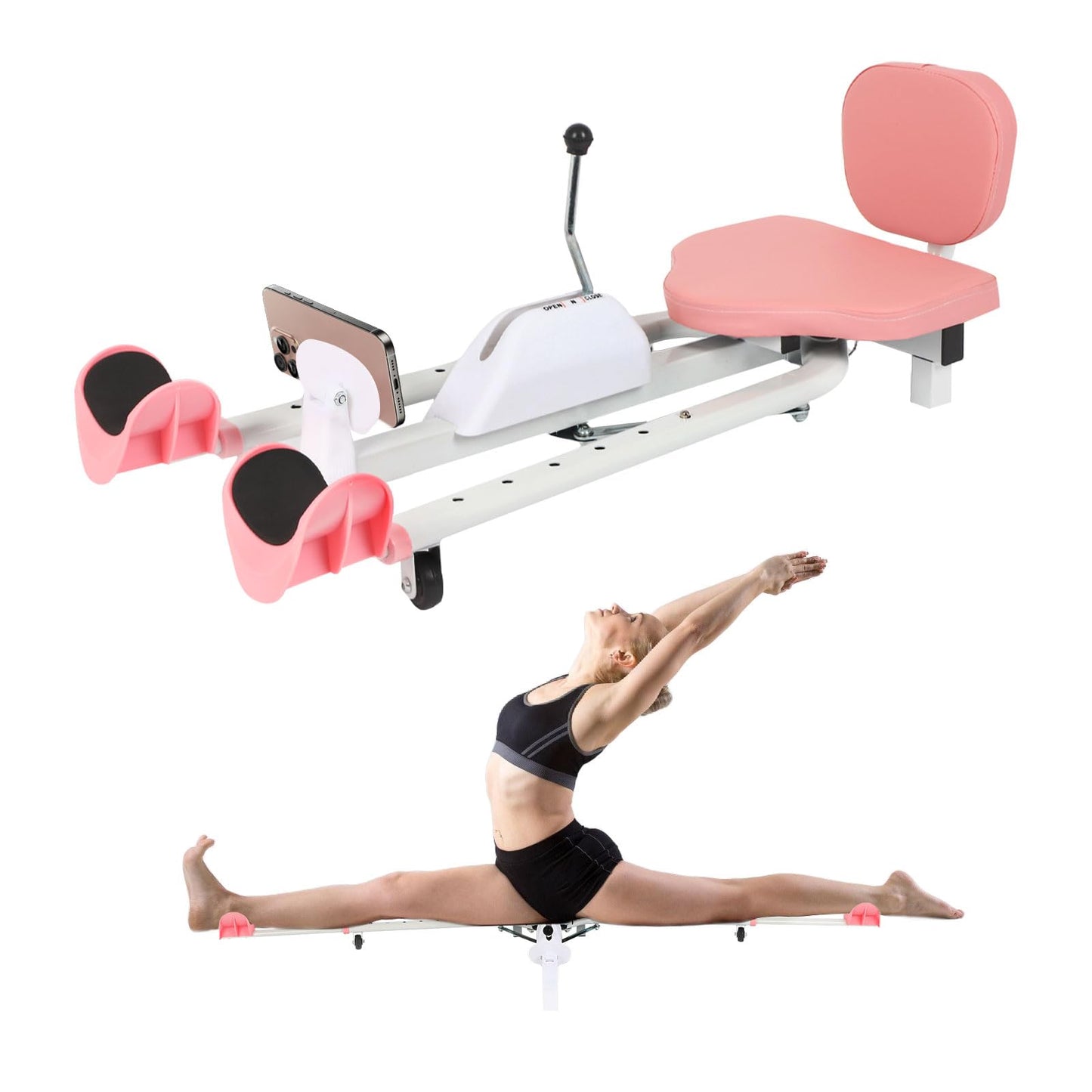 FAHKNS Leg Stretcher - Split Machine for Leg Stretching, Flexibility Stretching Equipment - Ballet, Yoga, Dance, Martial Arts (Pink, New Model with Backrest and Phone Holder)