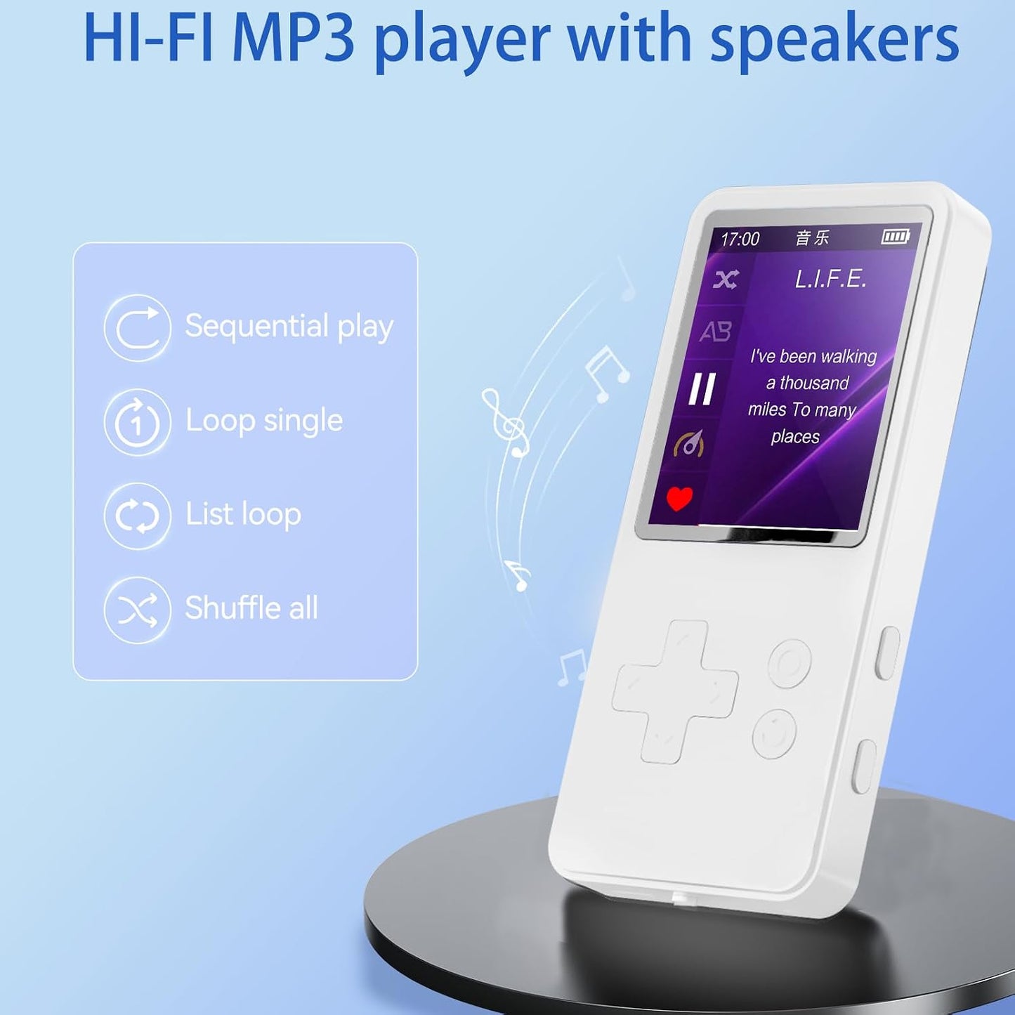 tokemisc 32GB MP3 5.2, 1.8 inch 256GB(White) Player with Bluetooth Screen Portable Music Player for Kids, with Built