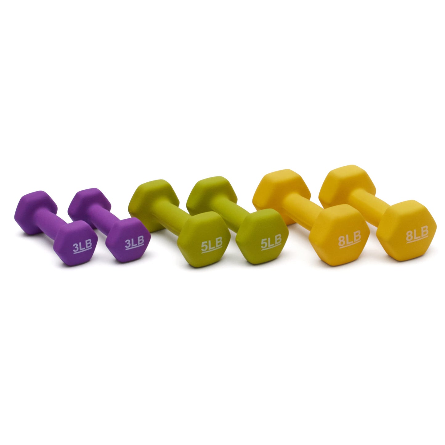 Amazon Basics Neoprene Dumbbell Hand Weights with Easy to Assemble Stand, 3 Pairs (3, 5, and 8 Pounds), Purple/Green/Yellow
