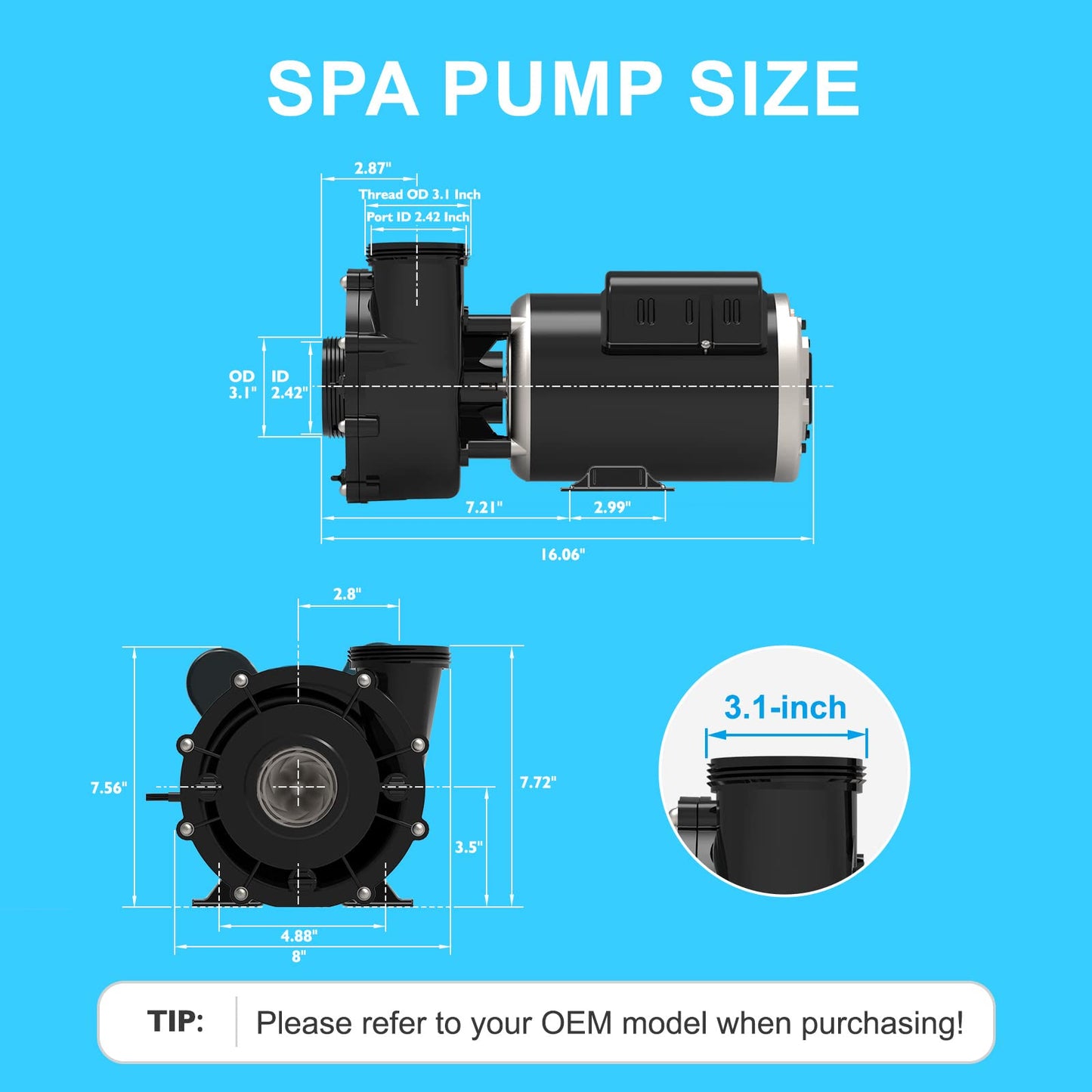 LINGXIAO SPA Pump, 2HP Hot Tub Pump - 2 Speed LX SPA Motor 115V/60HZ, 2" Port - 48 Frame (Model: 48WUA1501C-II)