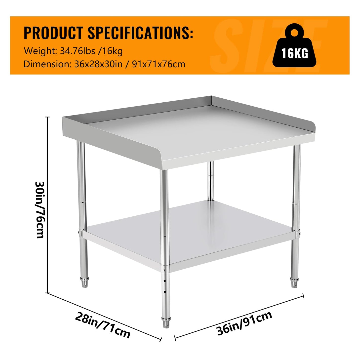 36"x28"x30" Stainless Steel Grill Stand Table, NSF Certified, 400 lbs Capacity, Adjustable Legs, 3-Sided 2" Edge Baffle for Kitchen, Restaurant, Hotel