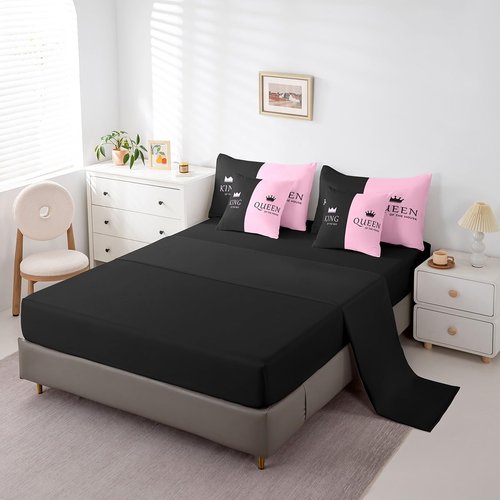 Feelyou Crown Queen King Bed Set King Size, Pink Black 7 Piece Bedding Set Crown His Hers Bed in a Bag Kids Romantic Valentine's Day Bed in a Bag with Comforter, Sheets, Pillowcases & Cushion Cover
