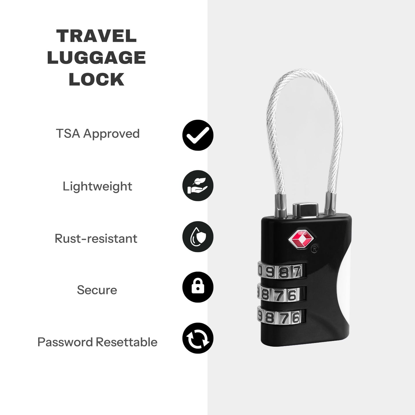 UP Security TSA Approved Luggage Locks - Small Combo Travel Padlock with Cable, TSA 007 Suitcase & Backpack Security, Durable & Easy to Use (Black+Black)