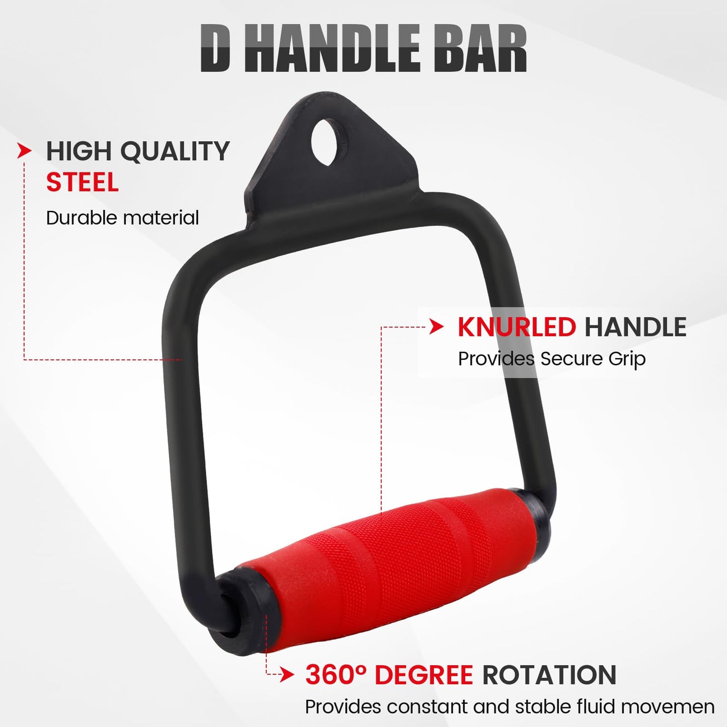 E.T.ENERGIC D Handle Bar with PU Grip, Environmentally Odorless, 360° Rotating LAT Pull Down Bar Cable Machine Attachment for Weight Workout Tricep Pull Down Attachment for Gym Home, Black+Red