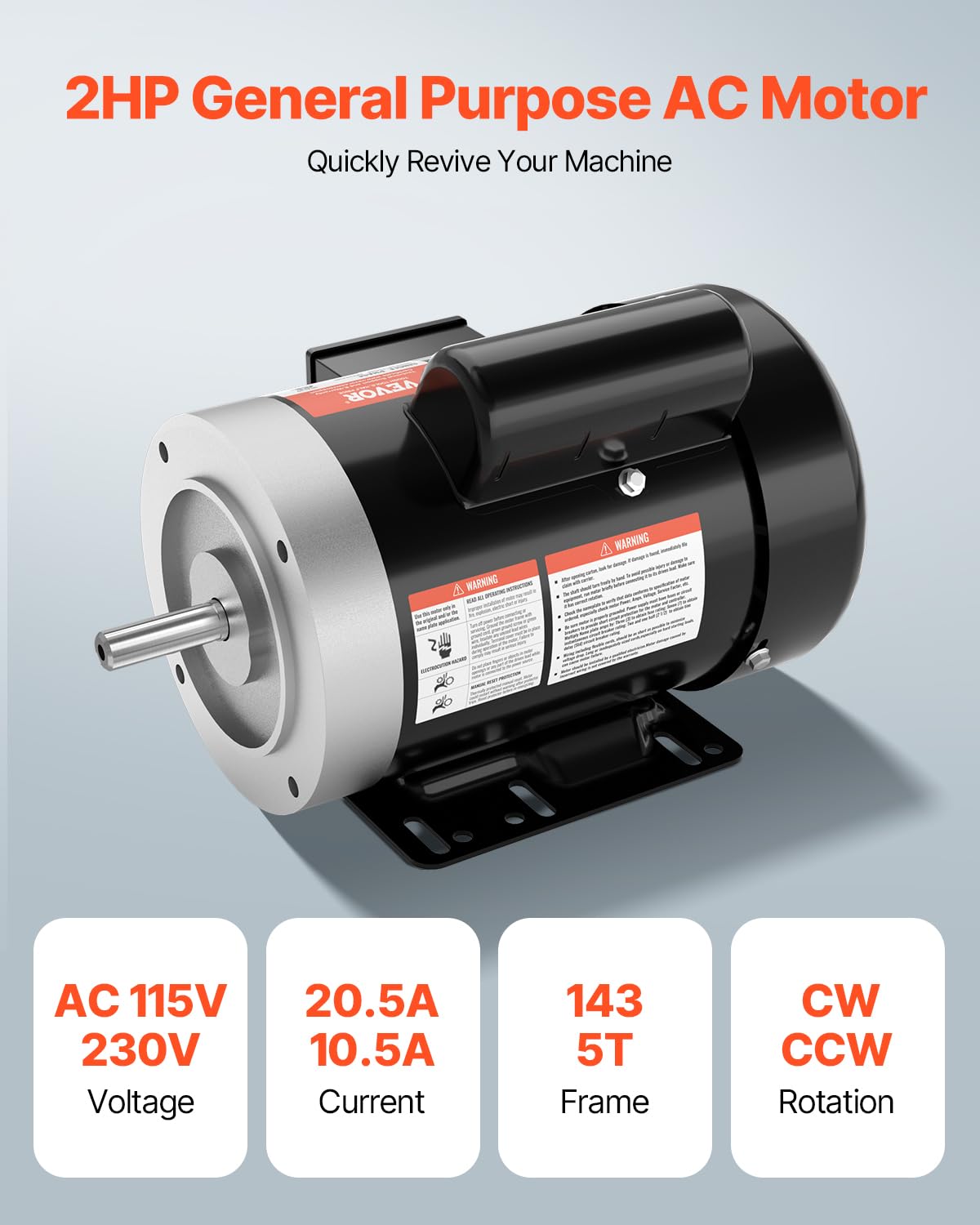 VEVOR 3/4HP Electric Motor 1725 RPM, AC 115V/230V, 56C Frame, Air Compressor Motor Single Phase, 5/8" Keyed Shaft, CW/CCW Rotation for Agricultural Machinery and General Equipment