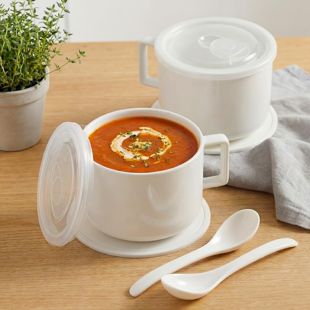 Presva Ceramic Soup Bowls with Handles & Lids, Set of 2 with Spoons & Trivets, 30oz Large Soup Mugs, Oven Safe Bowls for Soup, Ramen, Oatmeal & Cereal, Microwave & Dishwasher Safe, White