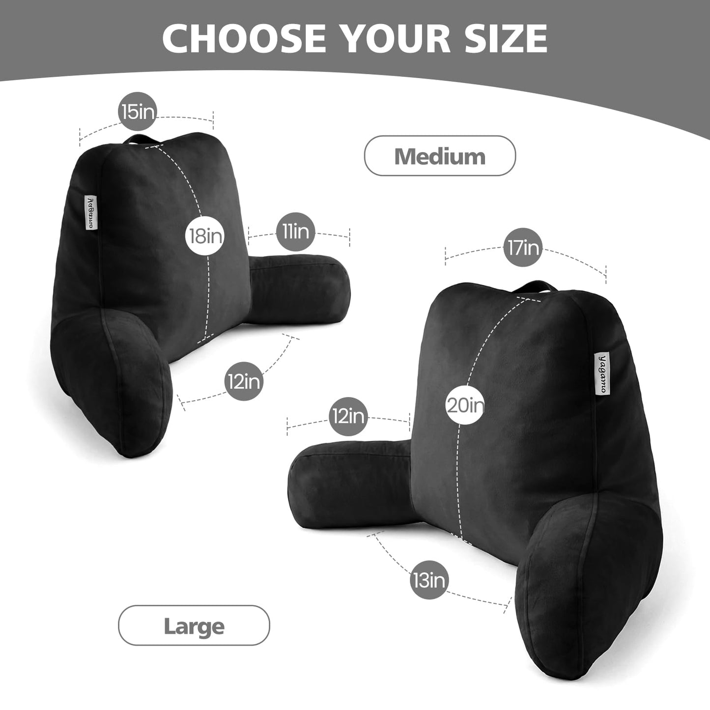 Yagamo Reading Pillow with Adjustable Memory Foam,Adult Backrest with Arms, Back Pillow for Sitting in Bed with Washable Cover- Large, Black