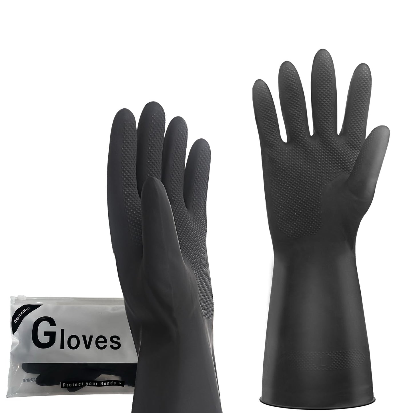 Exprosiflux Heavy-Duty Thick Rubber Cleaning Gloves - 3 Pairs of Extra-Large Black Reusable Waterproof Non-Slip Gloves for Dishwashing and Kitchen Cleaning