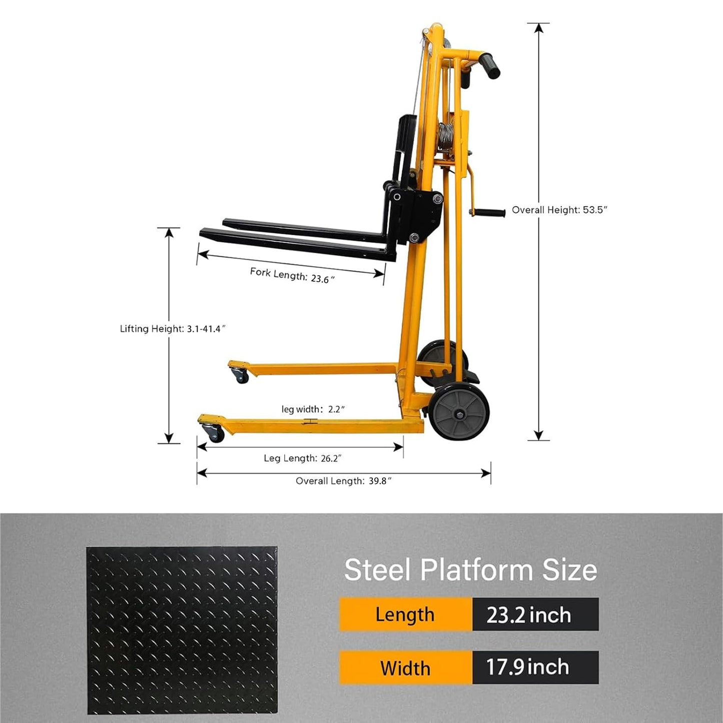 APOLLOLIFT Material Lift Winch Stacker, 500 lbs Capacity 41.4" Lifting Height, Manual Stacker Pallet Jack Truck Dolly with Swivel Casters and Lift Plate(Yellow)