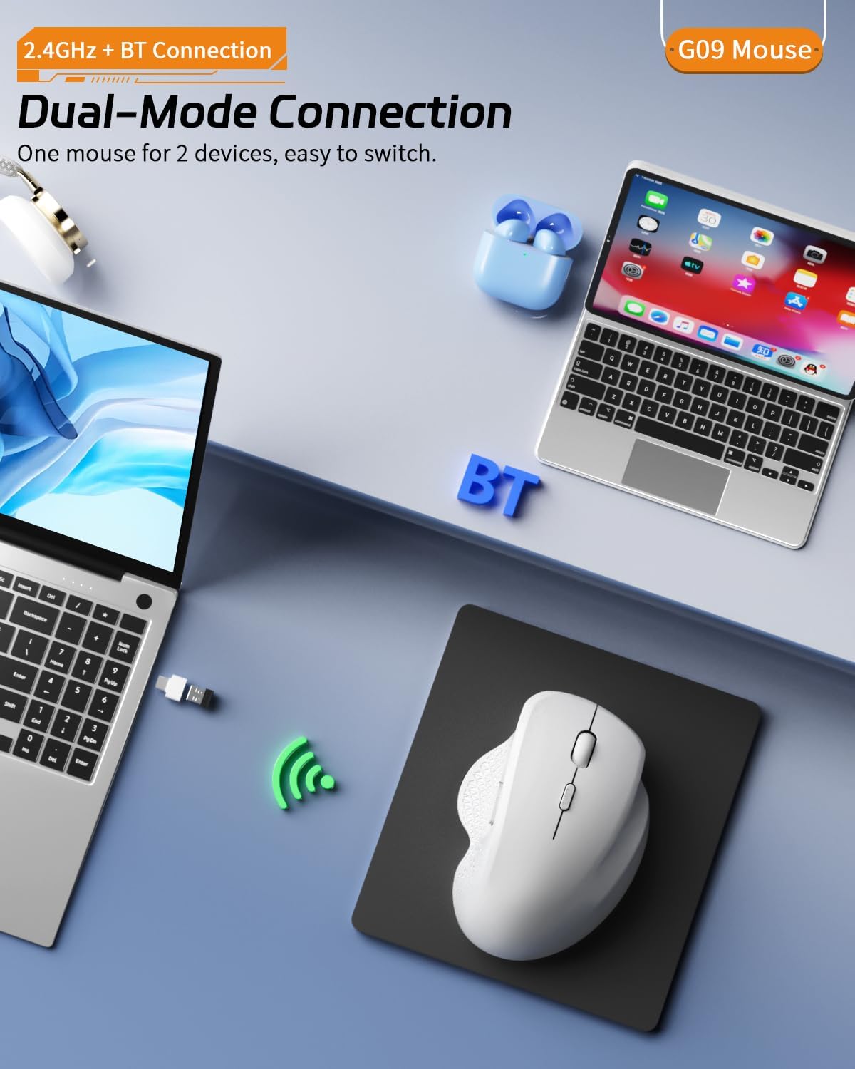 Uiosmuph G09 BT5.1 2.4Ghz Bluetooth Wireless Mouse, & Rechargeable Computer Mouse with USB Receiver and Type C Adapter